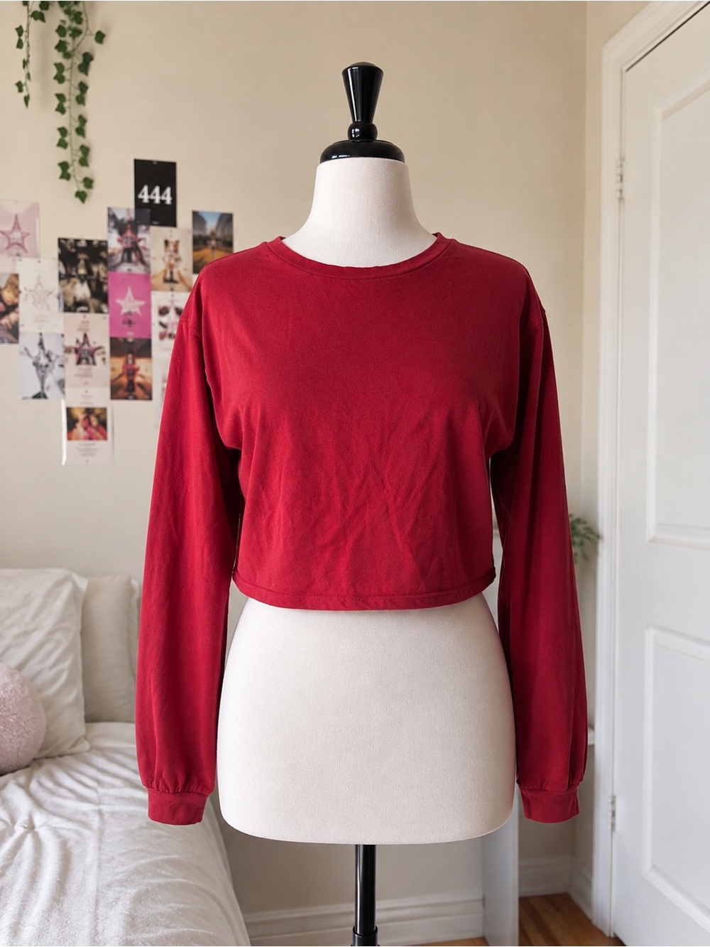Women's Burgundy Cropped Long-Sleeve Top